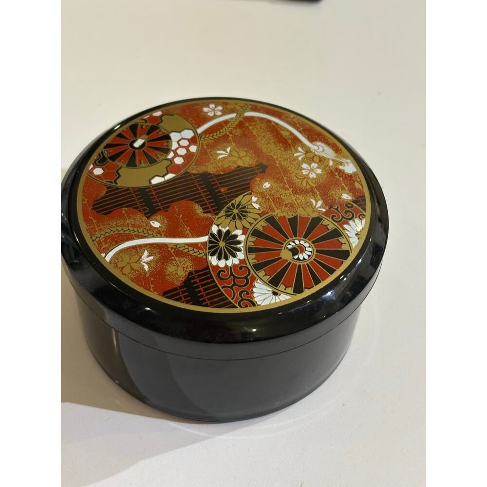 Small Round Decorative Black Lacquered Japanese Storage Stash Box gold